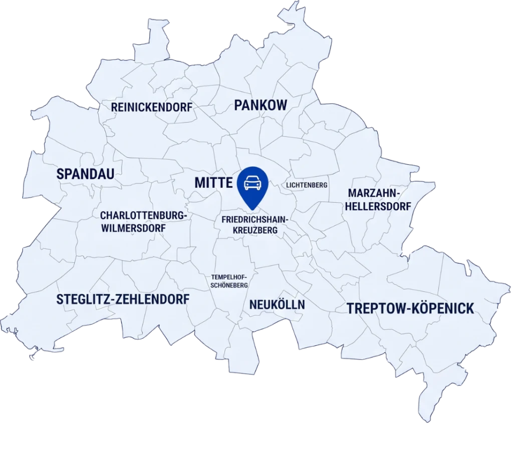 Karte der Berliner Bezirke mit dem Einsatzgebiet des KFZ Gutachters, Standort in Friedrichshain-Kreuzberg